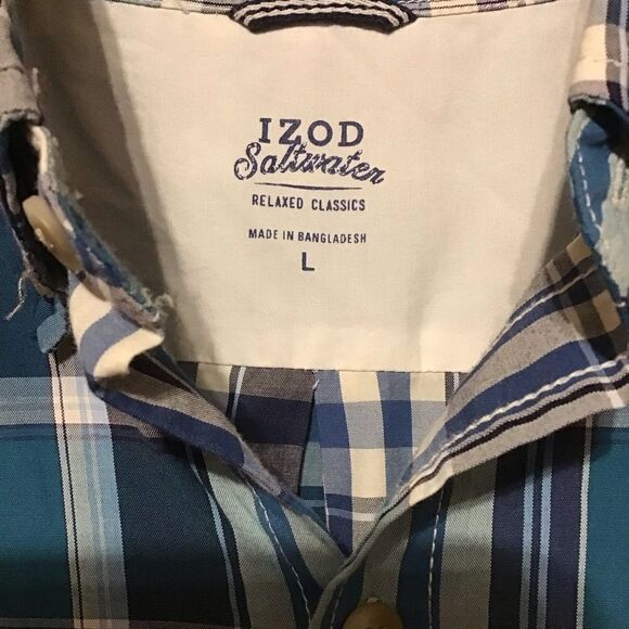 IZOD Saltwater Relaxed Classics Blue Plaid Shirt L - Picture 4 of 5